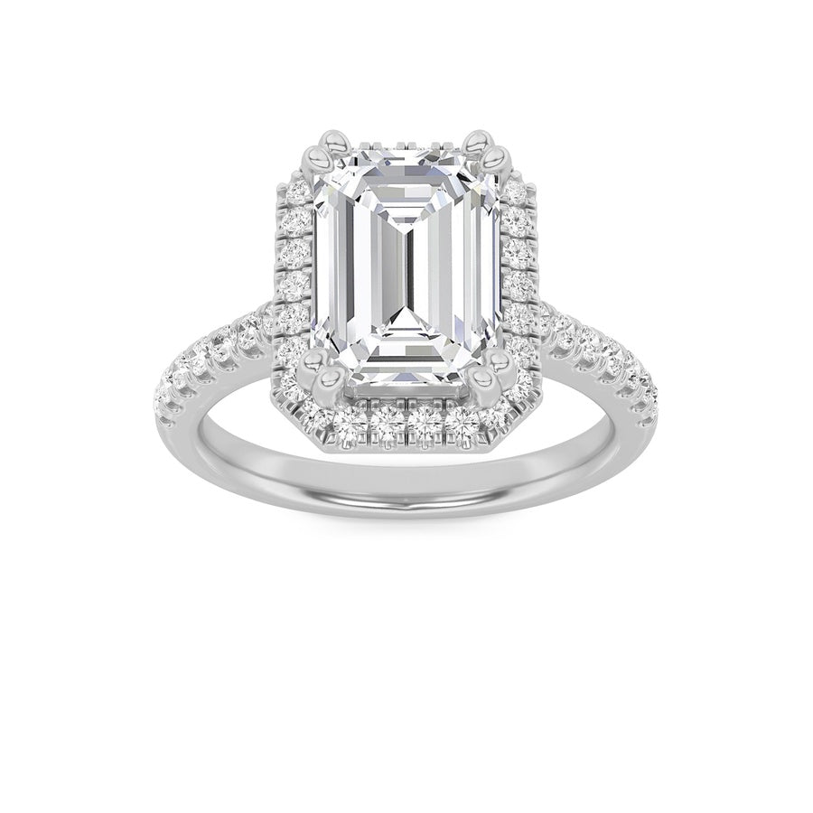2.5CTW Emerald Shaped Lab Grown Diamond (F/VS) Halo Accented Engagement Ring in 14K Gold