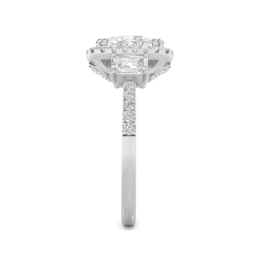 3CTW Elongated Cushion Shaped Lab Grown Diamond (F/VVS) Accented Three Stone Ring in 14K Gold