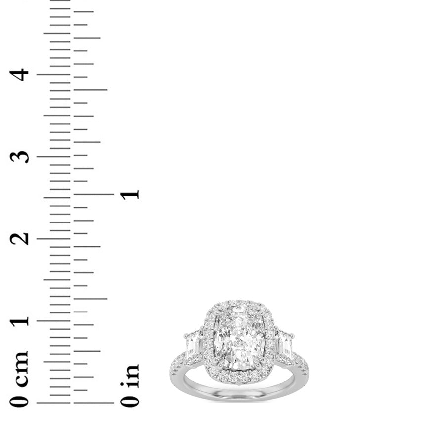 3CTW Elongated Cushion Shaped Lab Grown Diamond (F/VVS) Accented Three Stone Ring in 14K Gold