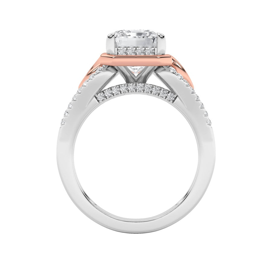 4.25CTW Emerald Shaped Lab Grown Diamond (F/VS) Bold Accented Two Tone Engagement Ring in 14K Gold