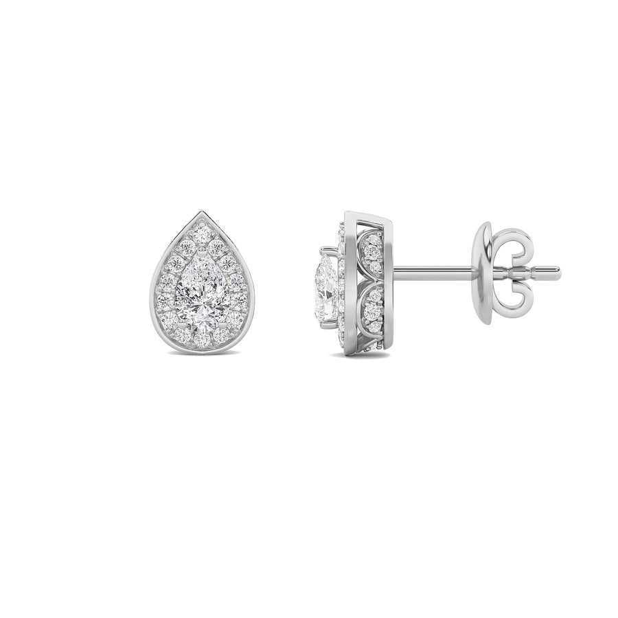 2CTW Pear Shaped Lab Grown Diamond (F/VS) Halo Stud Earrings in 14K Gold