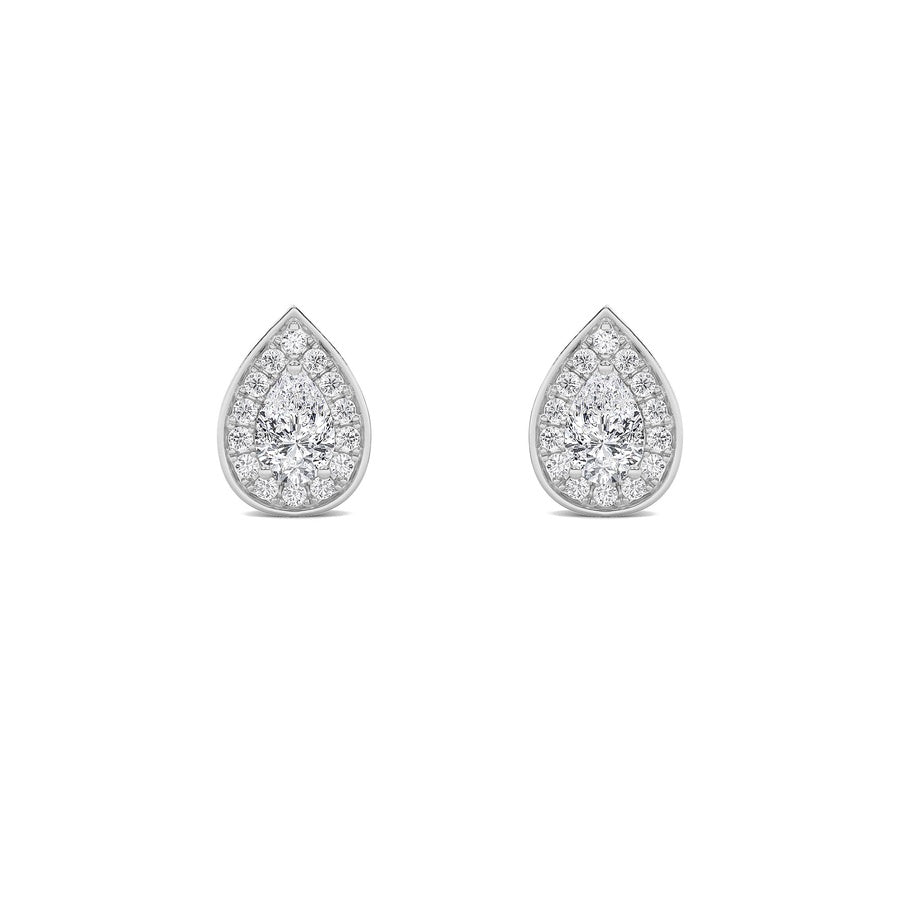 2CTW Pear Shaped Lab Grown Diamond (F/VS) Halo Stud Earrings in 14K Gold