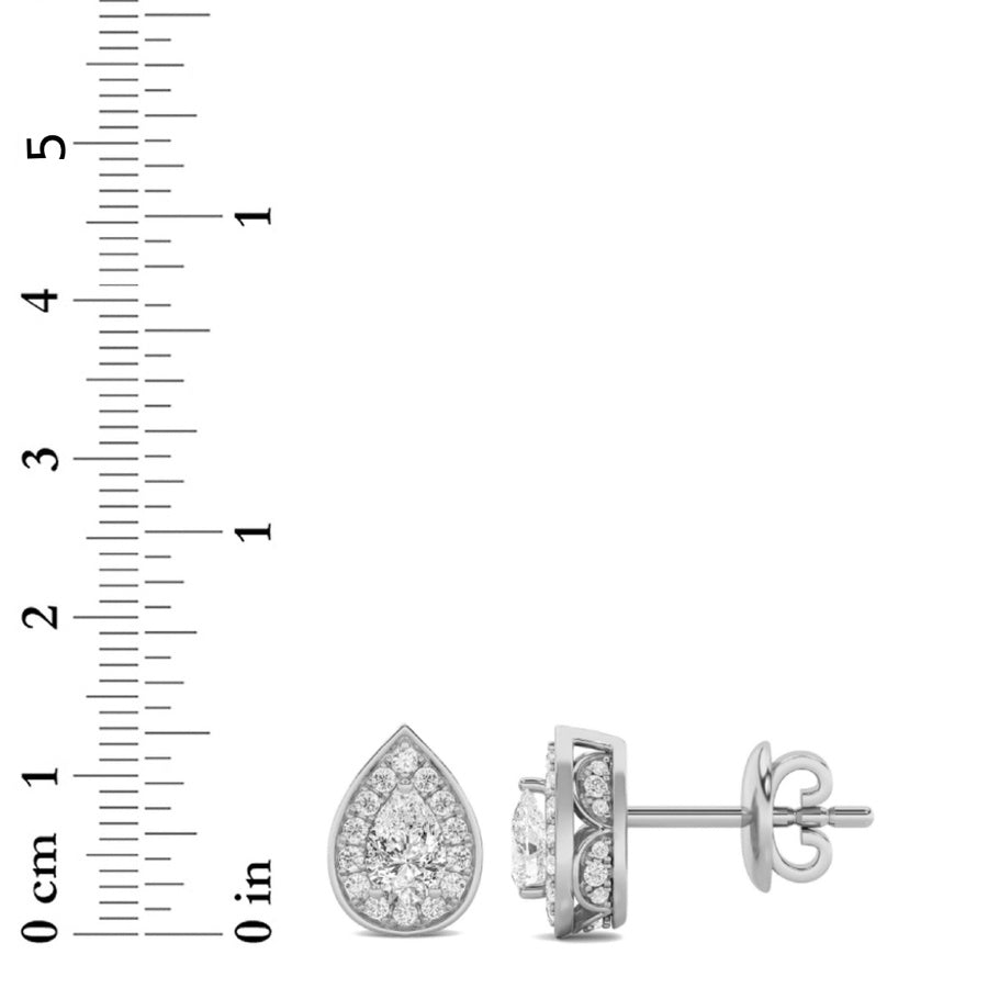 2CTW Pear Shaped Lab Grown Diamond (F/VS) Halo Stud Earrings in 14K Gold
