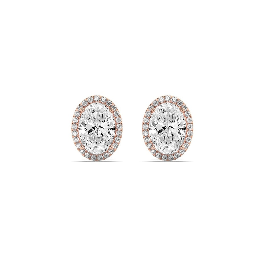 3CTW Oval Shaped Lab Grown Diamond (F/VS) Halo Stud Earrings in 14K Gold