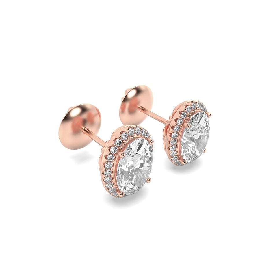 3CTW Oval Shaped Lab Grown Diamond (F/VS) Halo Stud Earrings in 14K Gold