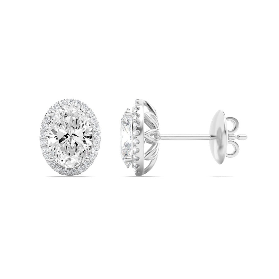 3CTW Oval Shaped Lab Grown Diamond (F/VS) Halo Stud Earrings in 14K Gold