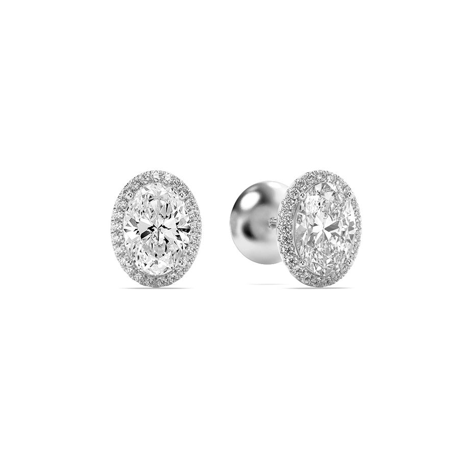 3CTW Oval Shaped Lab Grown Diamond (F/VS) Halo Stud Earrings in 14K Gold