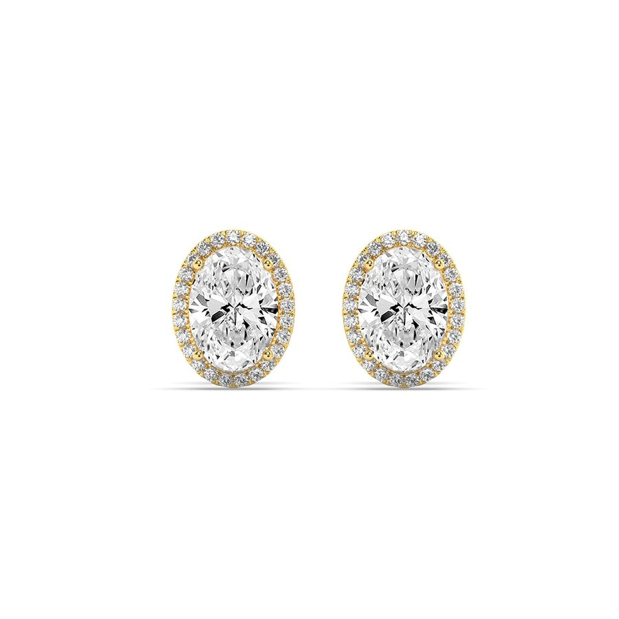 3CTW Oval Shaped Lab Grown Diamond (F/VS) Halo Stud Earrings in 14K Gold