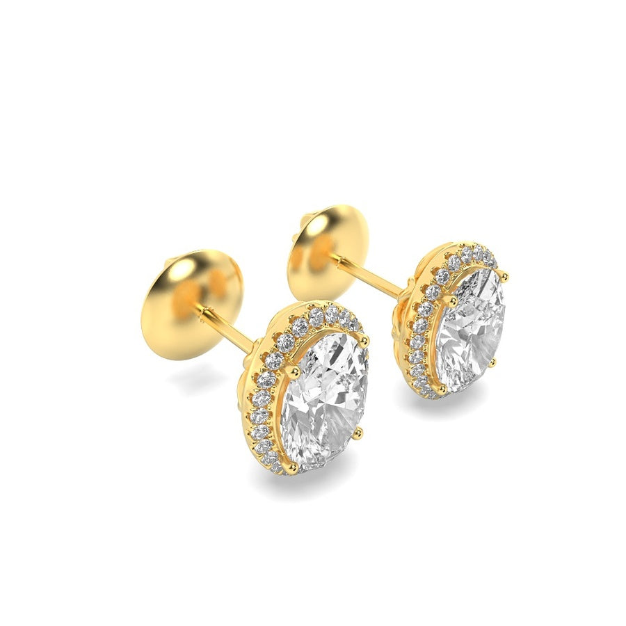 3CTW Oval Shaped Lab Grown Diamond (F/VS) Halo Stud Earrings in 14K Gold