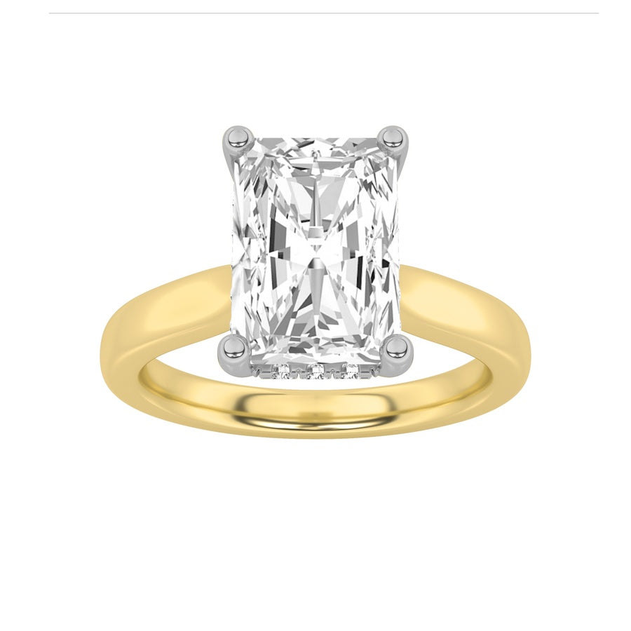 3CTW Radiant Shaped Lab Grown Diamond (F/VVS) Hidden Halo Cathedral Shank Engagement Ring in 14K Gold
